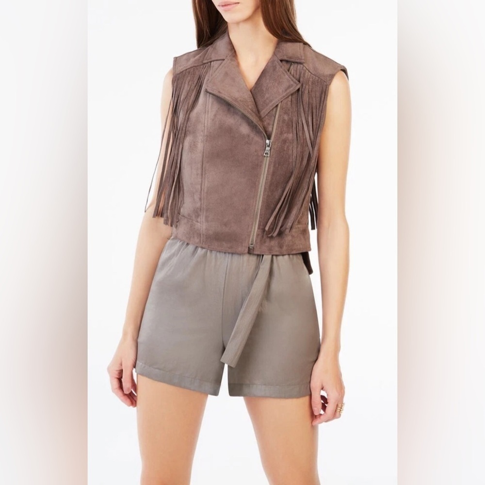 BCBG Brown Suede Fringe Vest Western Cowboy Festival Equestrian Biker Tribal XXS - Picture 3 of 5